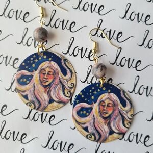 Handcrafted Gold and Blue Artistic Earrings